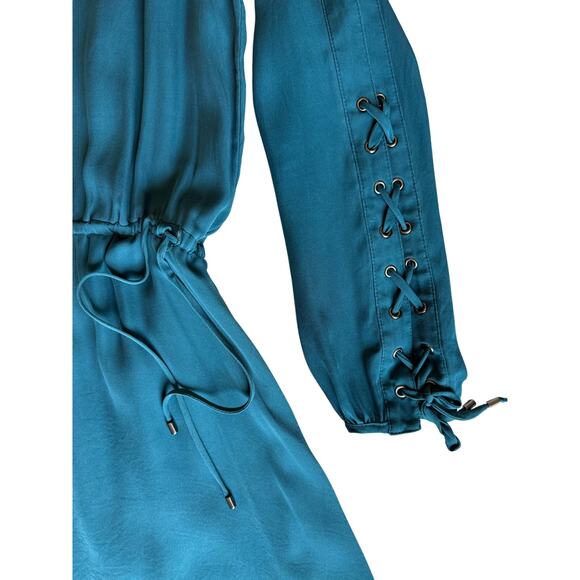 Turquoise emerald aqua blue silk Haute Hippie dress size L - Picture 2 of 7